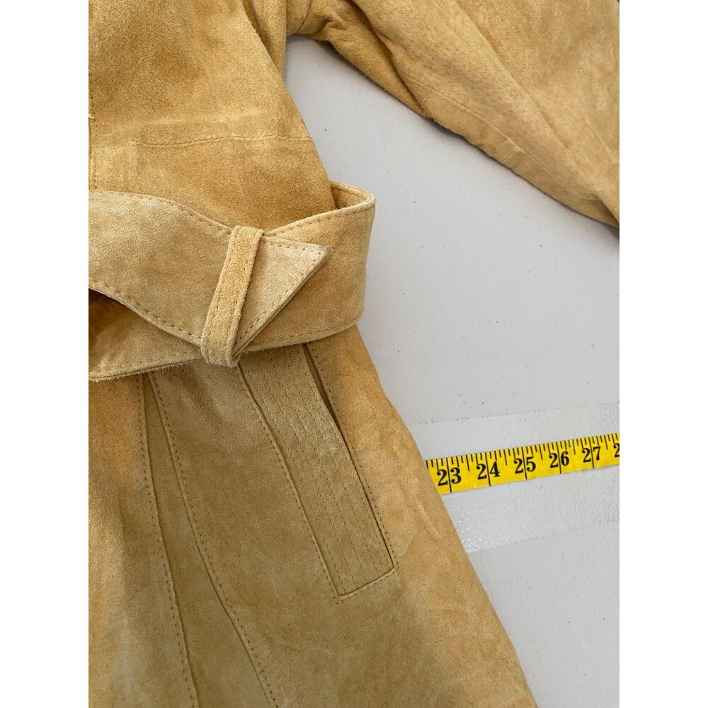 Bradley Bayou Mustard Yellow Suede Leather Trench Coat Grommet Detail Belt Large - Picture 13 of 14
